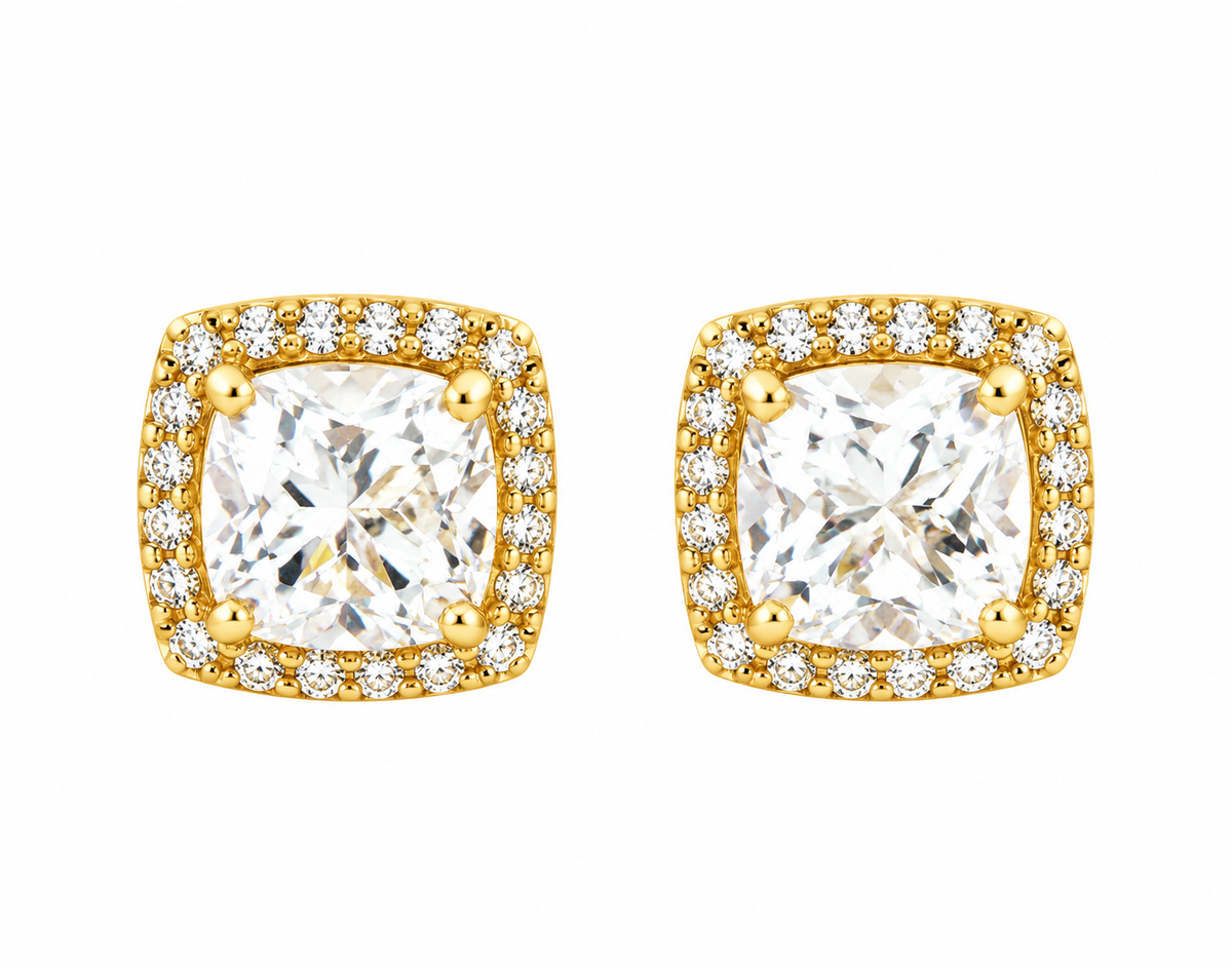 Kent Island Jewelry Estate 10K gold studs with cushion-cut white topaz and diamond halo.