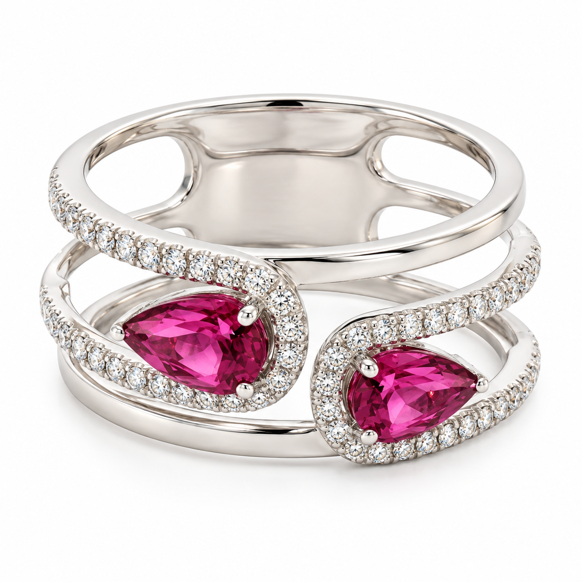 A white gold wrap ring featuring two large pear-cut pink gemstones, each surrounded by a halo of small clear stones, shown on a white background.
