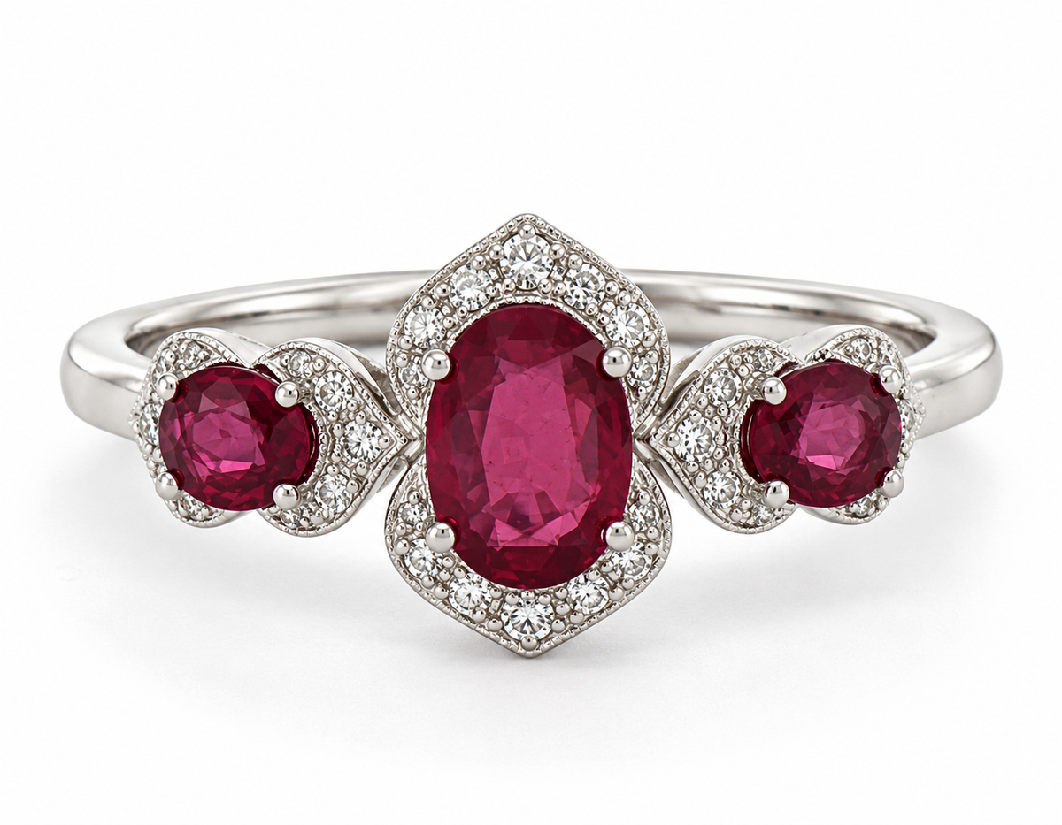 A white gold three-stone ring featuring a large oval-cut pinkish-red ruby center stone, flanked by two smaller oval ruby stones, all surrounded by small clear pavé diamonds.