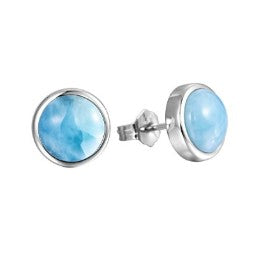 Alamea SS Larimar Stud Earrings 10mm feature light blue gemstone centers in 925 sterling silver, shown on white.