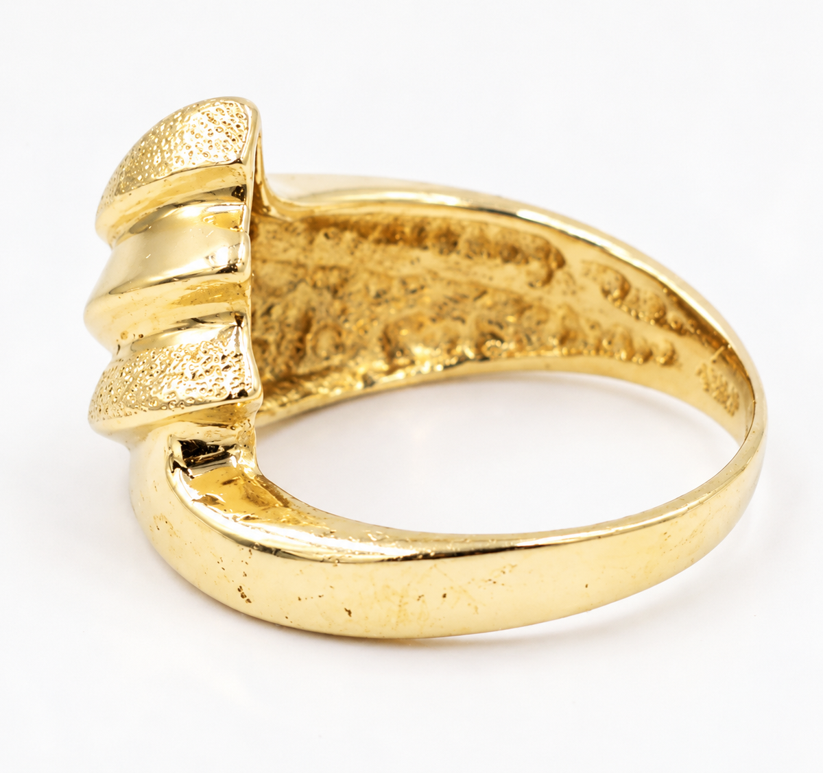 Estate 14k Yellow Gold Textured Swirl Ring with a wide band and a textured, tiered swirl statement design.