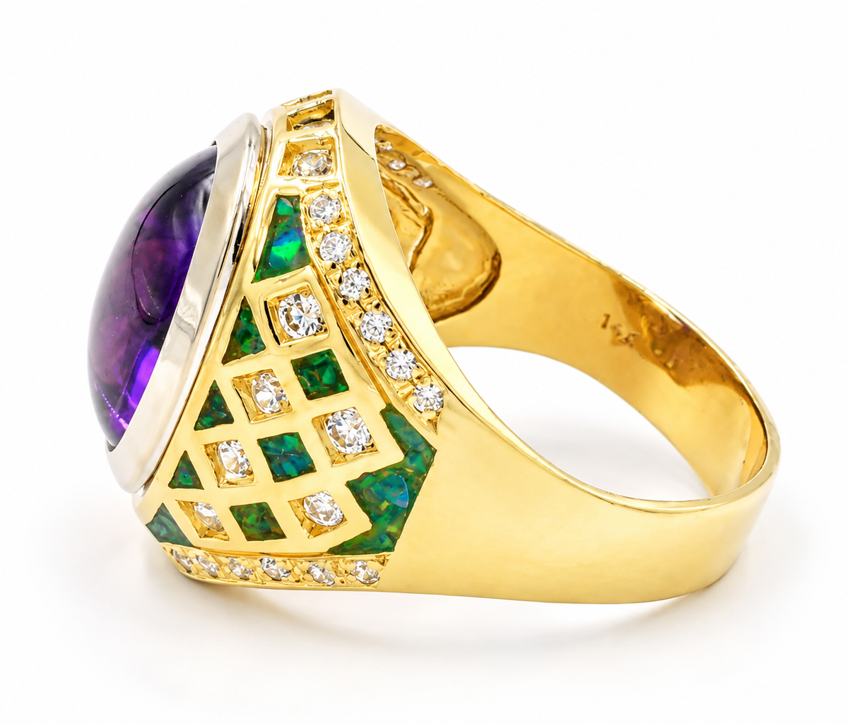Kent Island Jewelry Estate 14k Yellow Gold Amethyst CZ & Fire Opal statement ring with purple cabochon and green inlay.