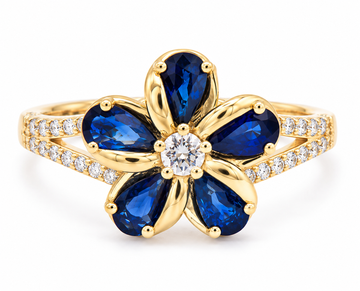 Alamea’s 14K Diamond Sapphire Plumeria Ring sparkles with sapphire petals and a diamond-accented center.
