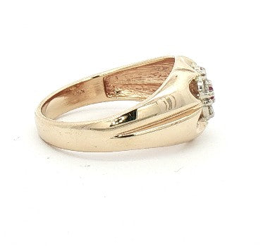 Estate 10K Yellow Gold Diamond & Ruby Cluster Signet Ring by Kent Island Jewelry features a floral-inspired setting.
