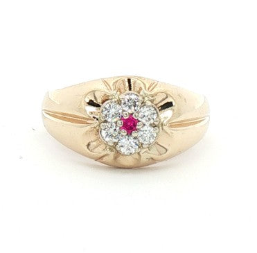 Kent Island Jewelry Estate 10K Yellow Gold Signet Ring with Diamond & Ruby Cluster.
