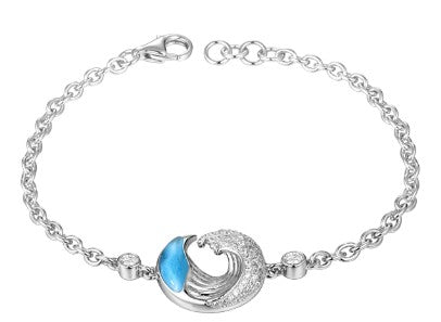 Alamea SS Wave Bracelet with a wave-shaped charm, accented by blue and clear center stones.