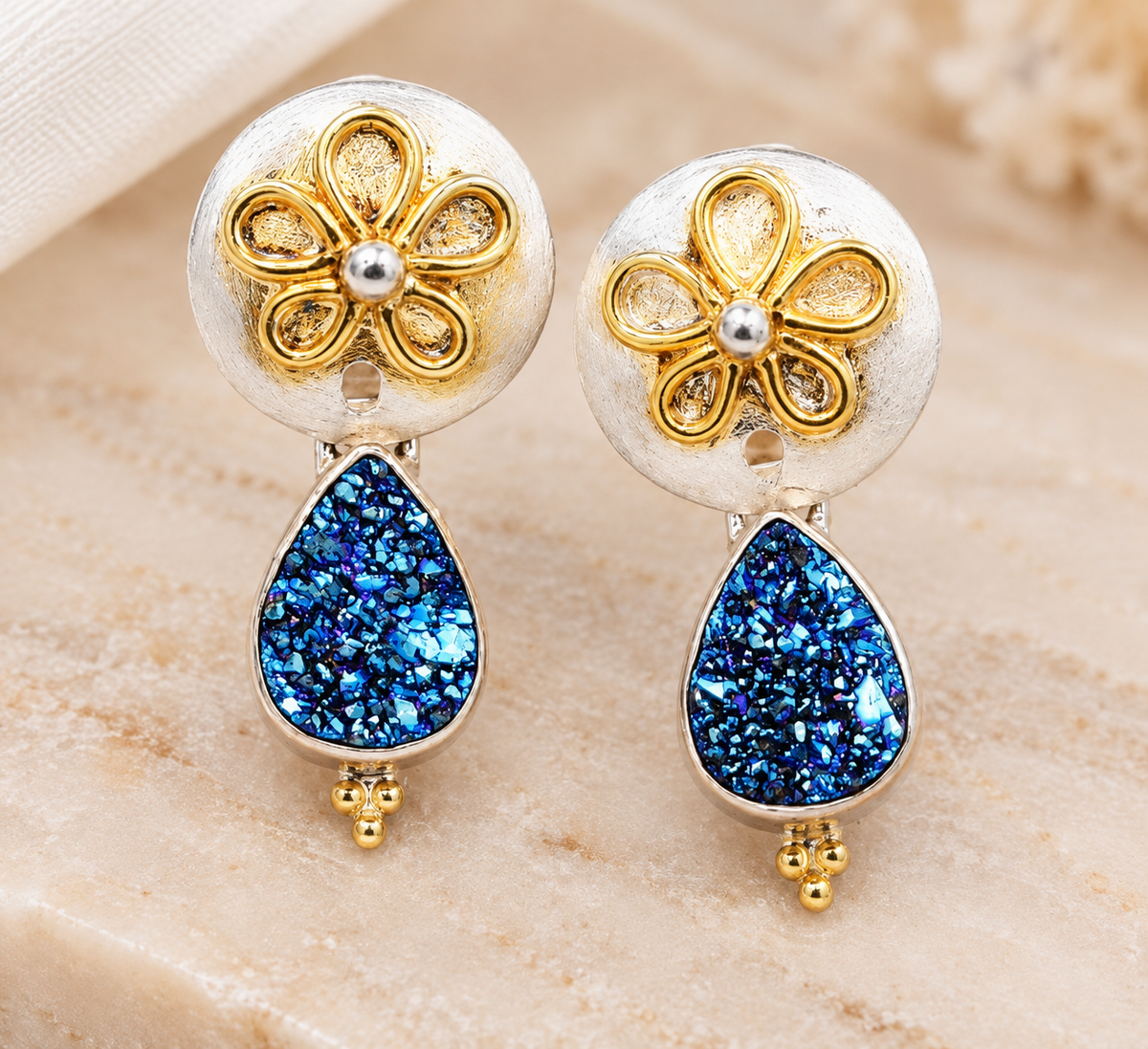Estate 22k Yellow Gold & Sterling Michou Druzy Gemstone Sand Dollar Dangle Earrings with a silver disk and blue druzy.