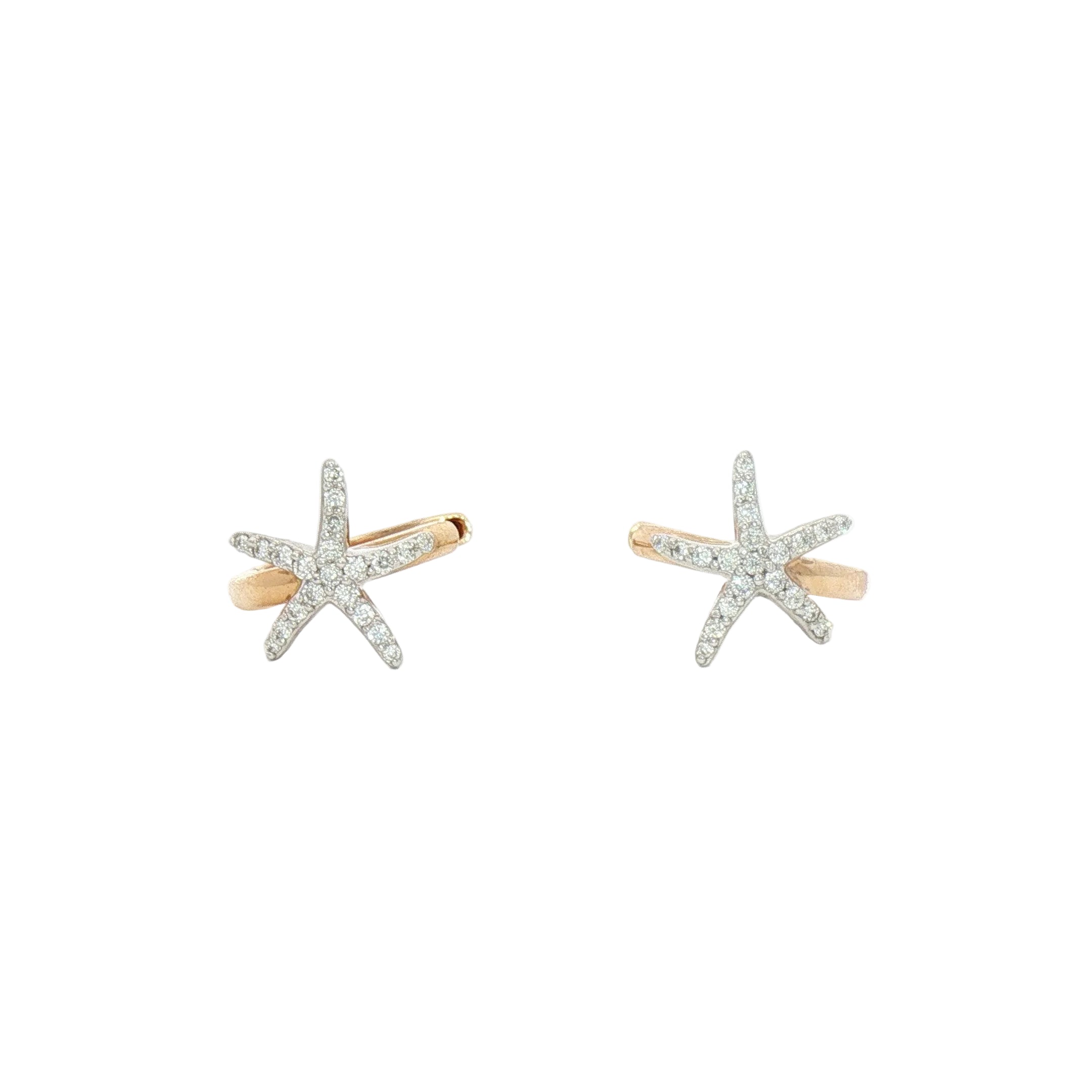 A pair of starfish-shaped stud earrings with clear pavé-set stones and gold-toned bands, shown on a plain white background.