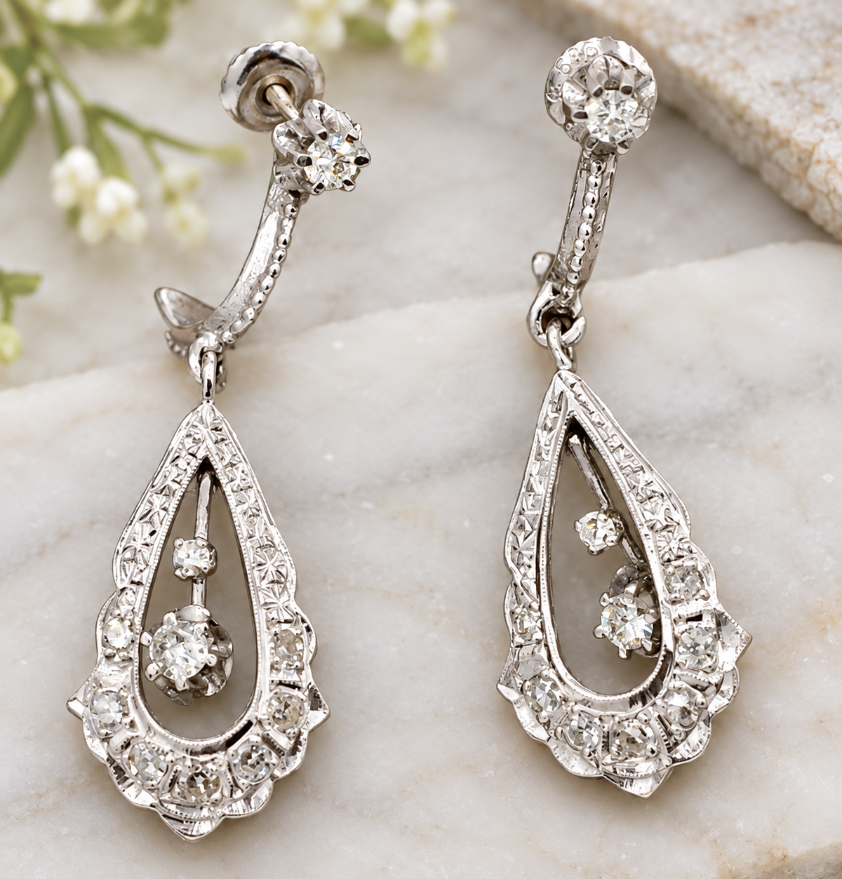 Kent Island Jewelry 14k White Gold Diamond J Hoop & Dangle/Drop Earrings with a stud top and diamond-encrusted pear pendant.