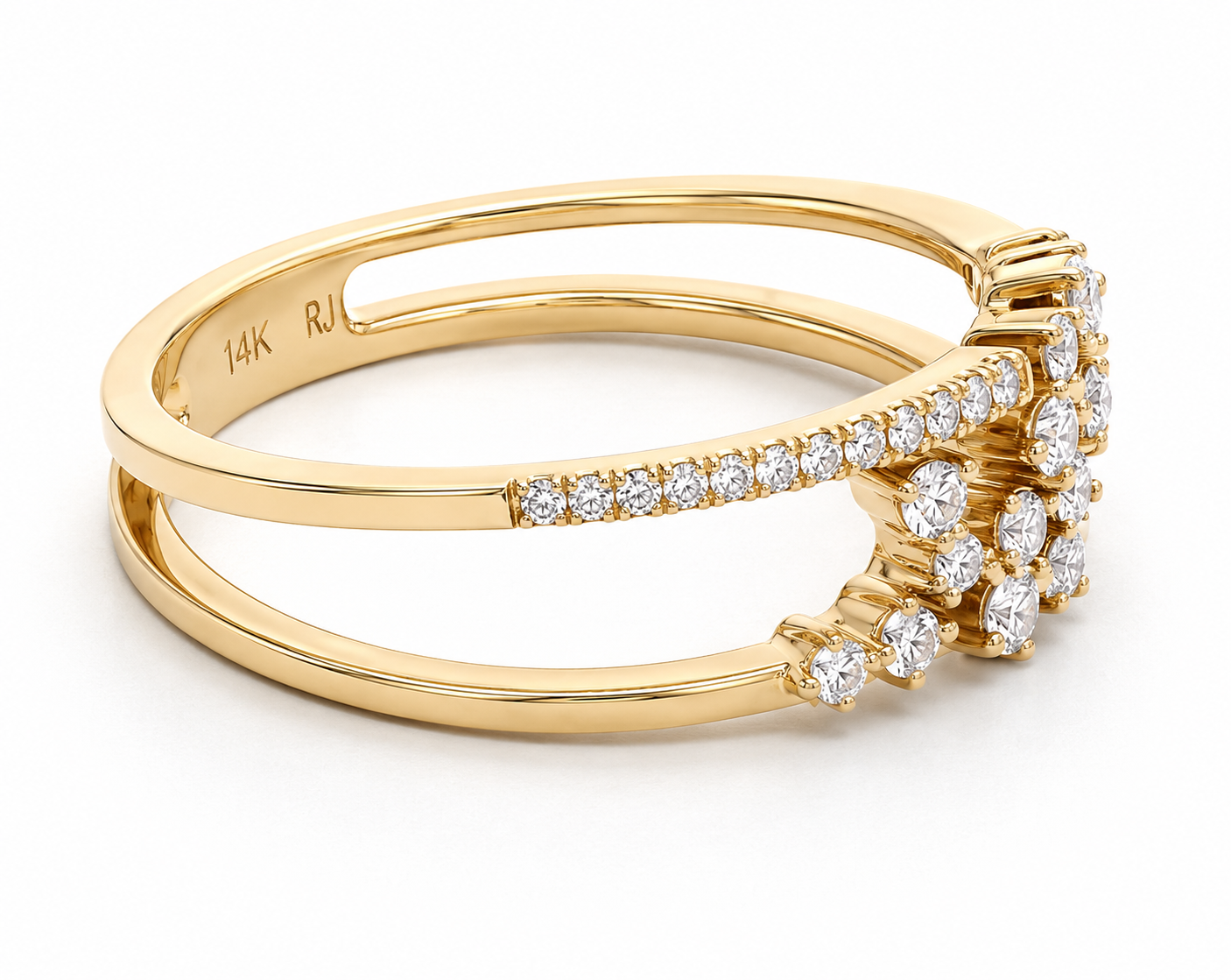 Roman & Jules 14K Yellow Gold Diamond Split Ring features a modern geometric design with rows of sparkling diamonds.