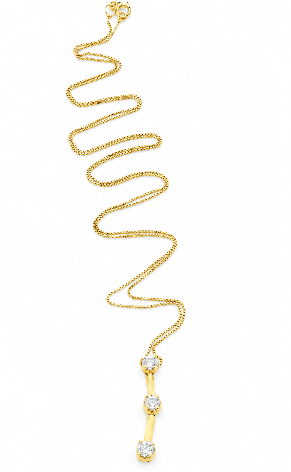 Kent Island Jewelry Estate 14K yellow gold necklace with three diamond drop stones in a vertical pendant design.
