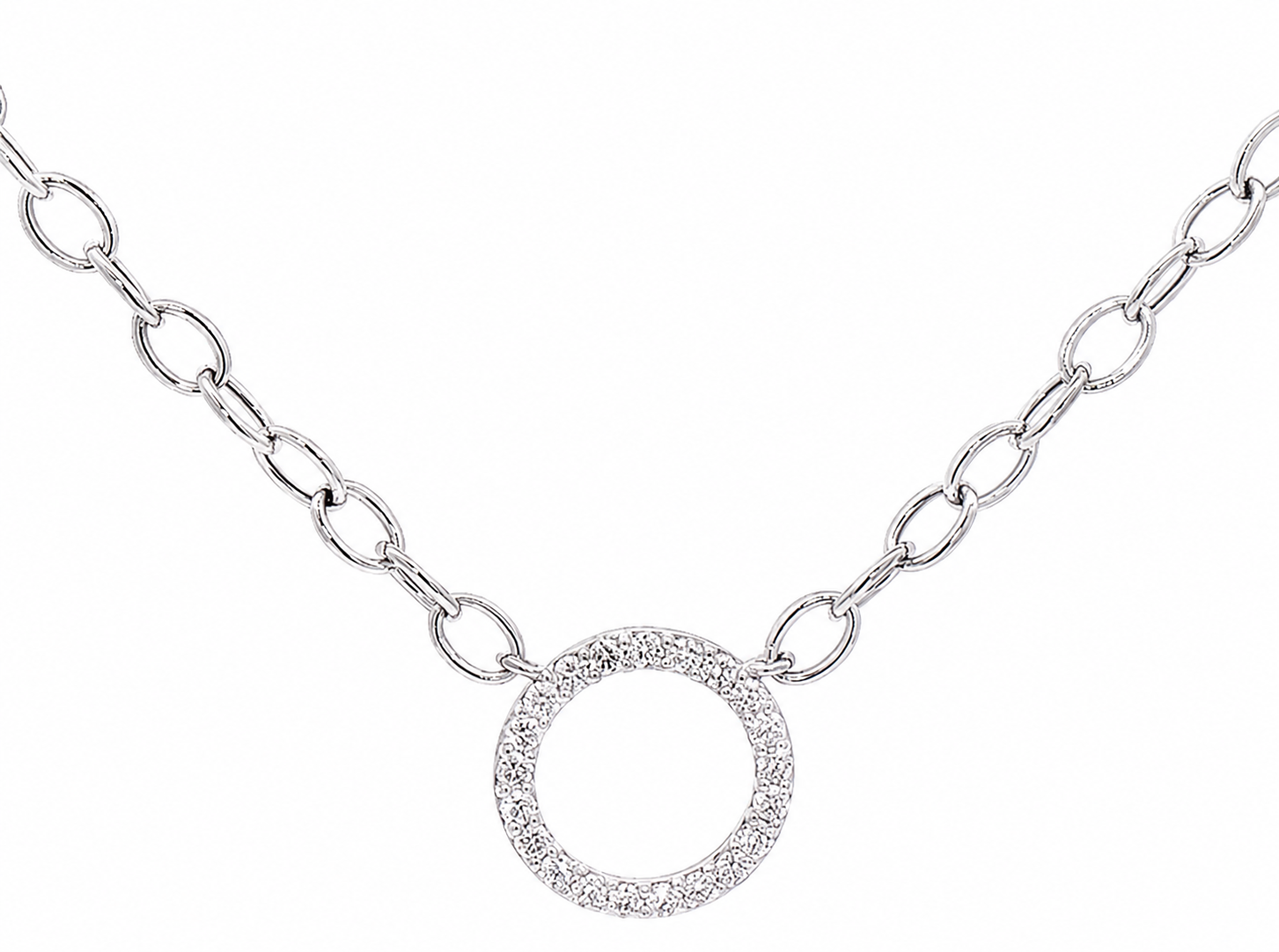 A white gold chain necklace featuring a central open circle pendant encrusted with small clear stones, shown against a plain white background.