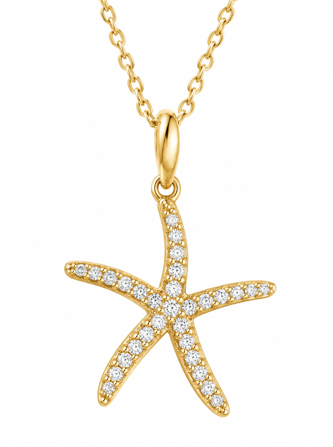 Alamea 14K Starfish Pendant—gold necklace with white gems, ideal nautical jewelry for any occasion.
