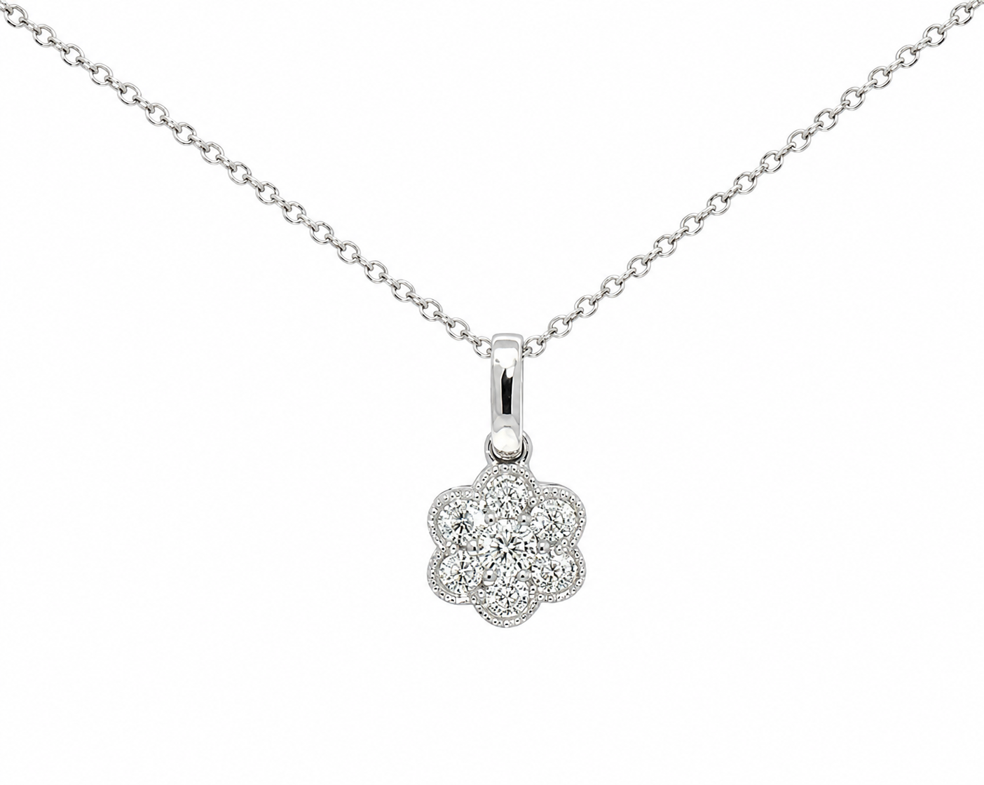 GBC, Inc. 14K White Gold Diamond Flower Necklace with a delicate chain, shown on a white background.