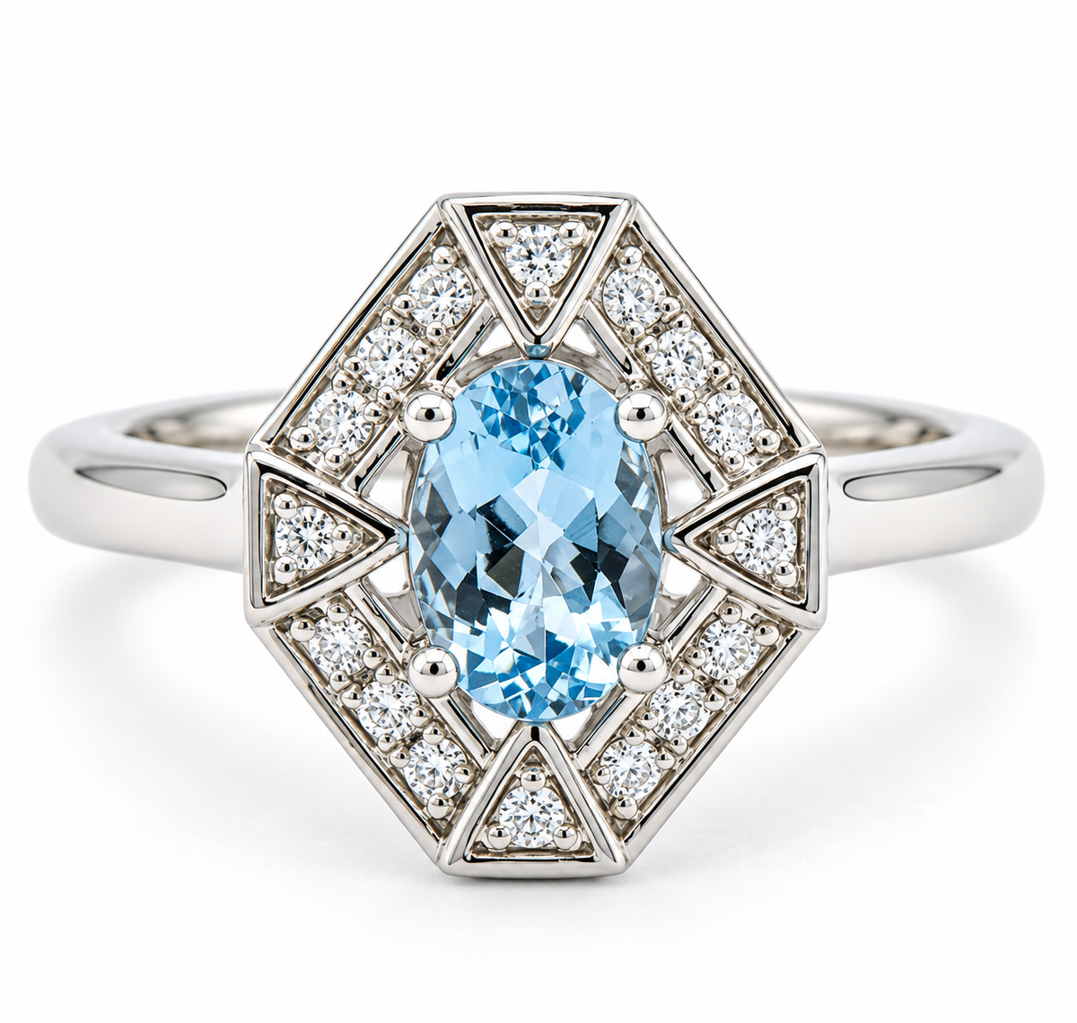 Kent Island Jewelry 14K white gold aquamarine & diamond ring with geometric Art Deco halo; vintage-inspired.