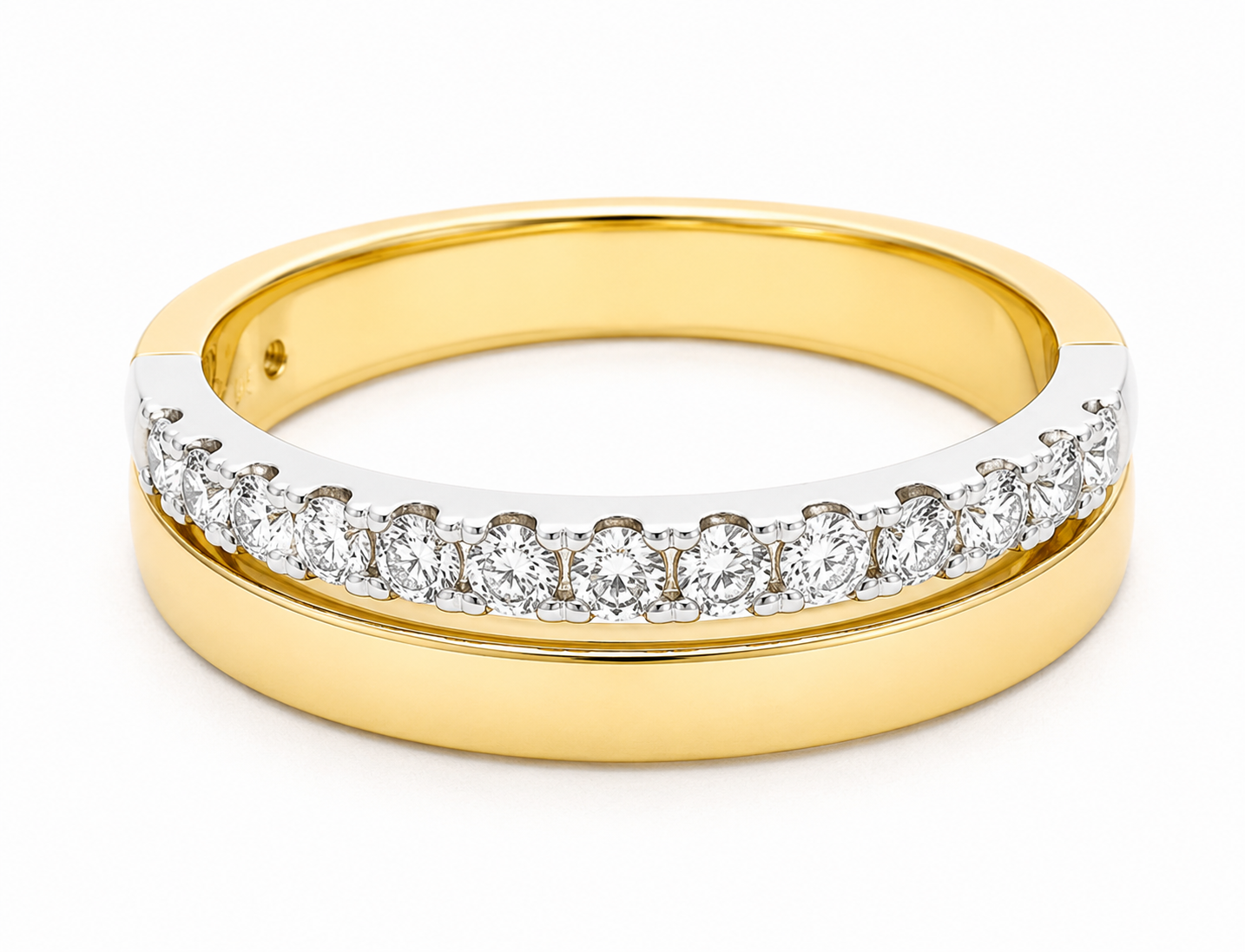 Ostbye 14K Two-tone Diamond Wedding Band with white top band and round diamonds, shown on a white background.