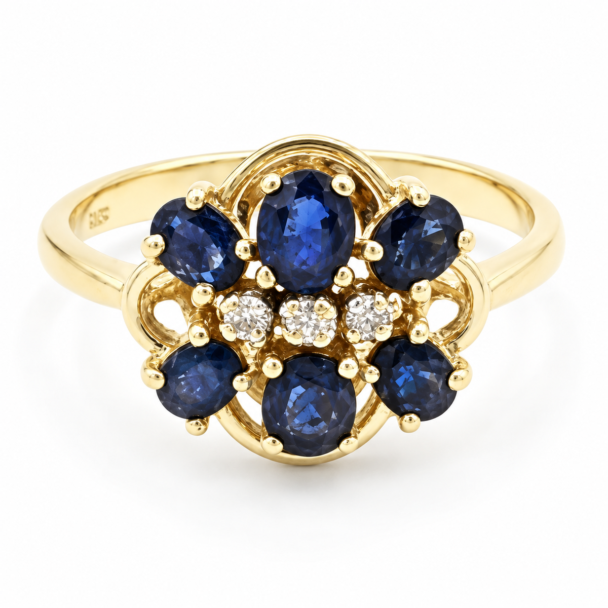 Estate 14K gold sapphire & diamond cluster ring by Kent Island Jewelry featuring a floral-inspired design.