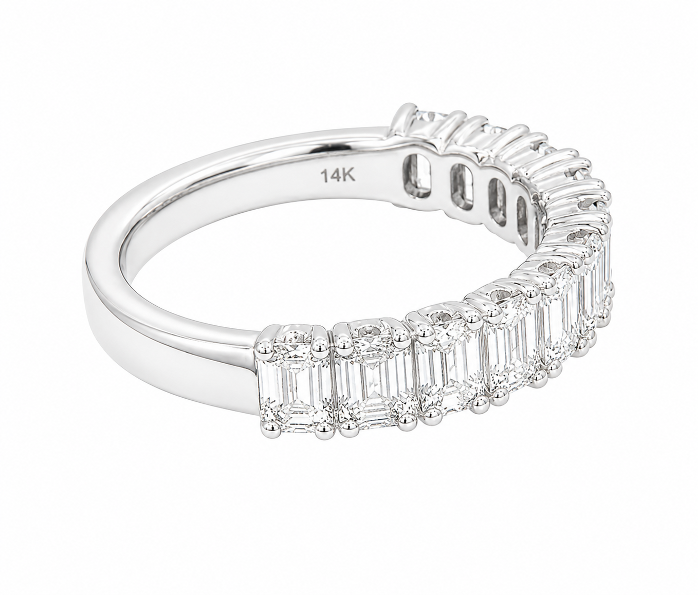 GBC, Inc. 14K White Gold Diamond Band with emerald-cut and round diamonds; 14K engraved inside band.