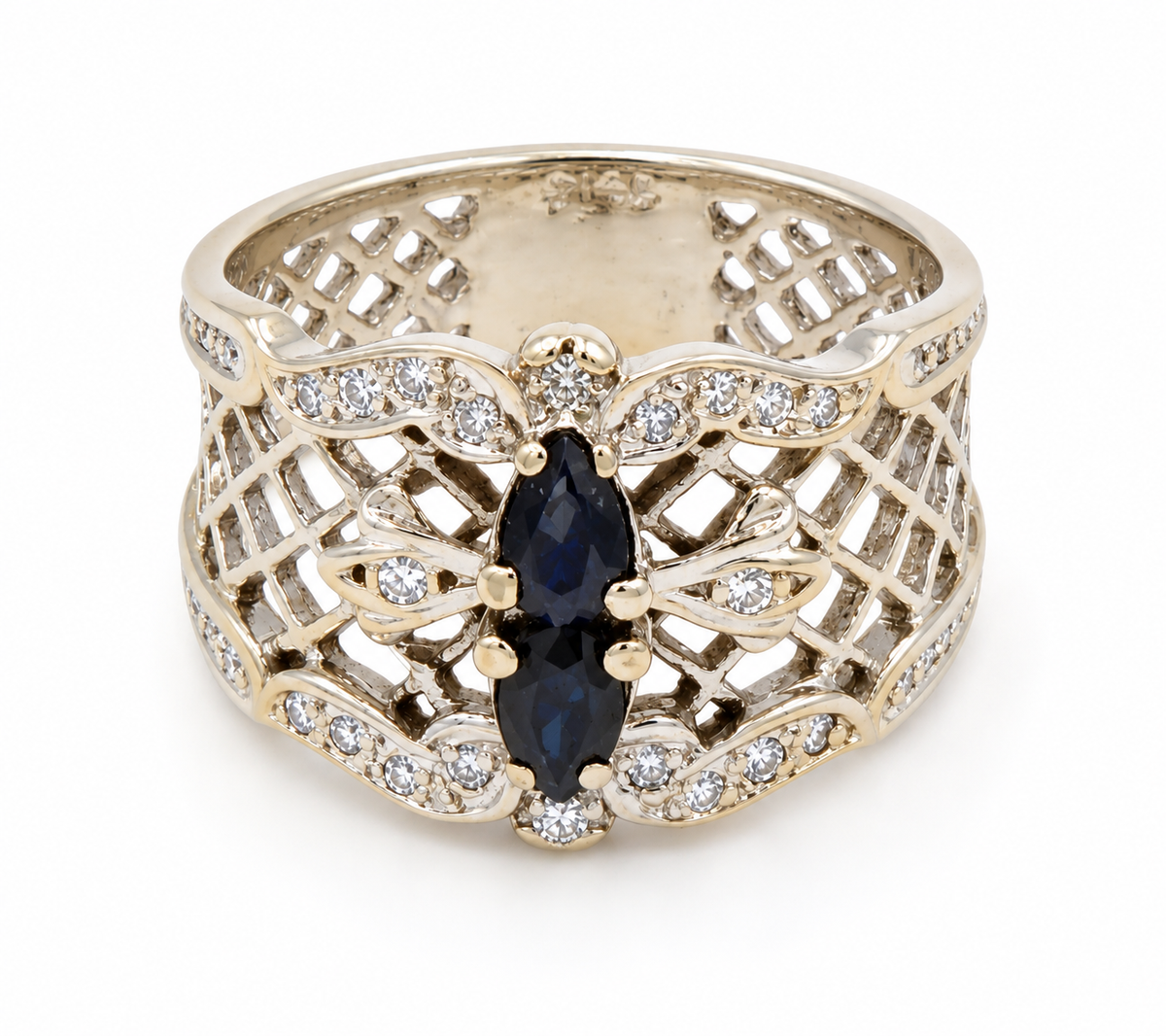 Estate 14k White Gold Diamond & Sapphire Gemstone Wide/Thick Open Work Ring with two marquise sapphires and diamonds.