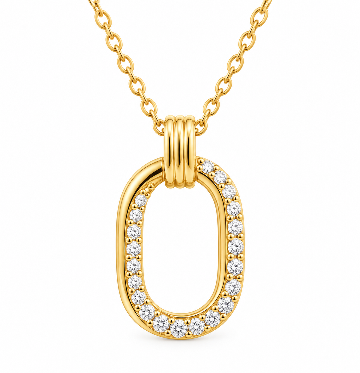 Kent Island Jewelry 18k. Diamond Oval Pave Necklace features pavé-set diamonds on an 18K gold chain, shown on white.