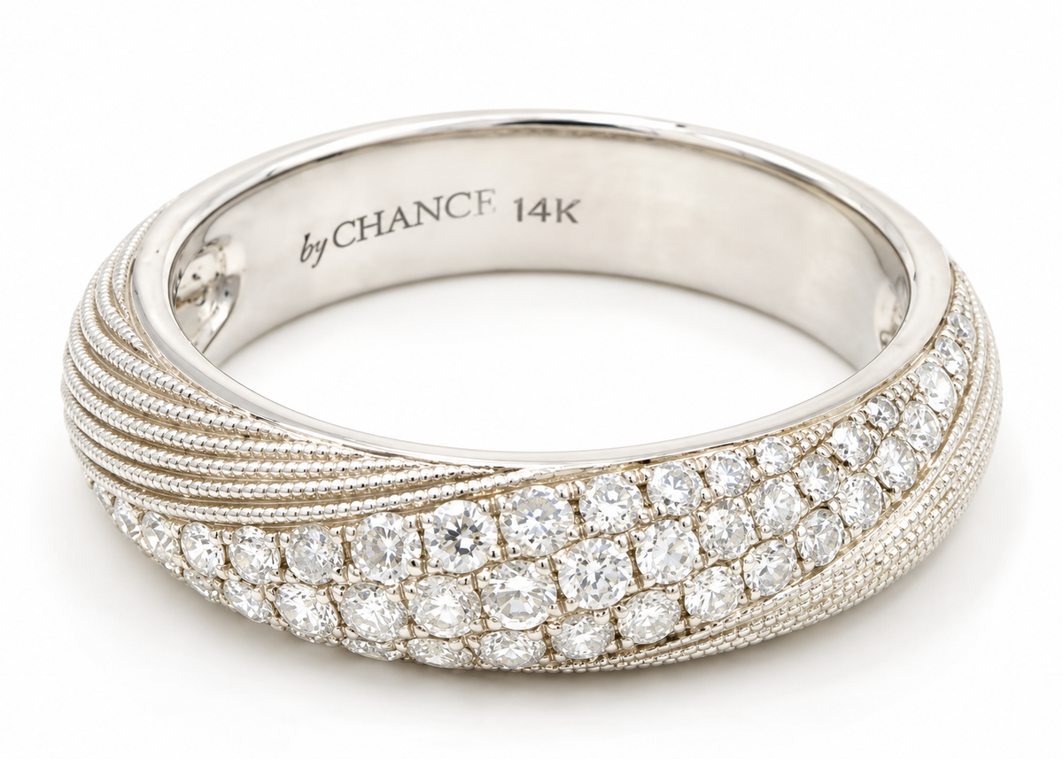 Estate 14k White Gold Designer byChance Diamond Twist Band with a pavé center, textured side detail, and engraving.