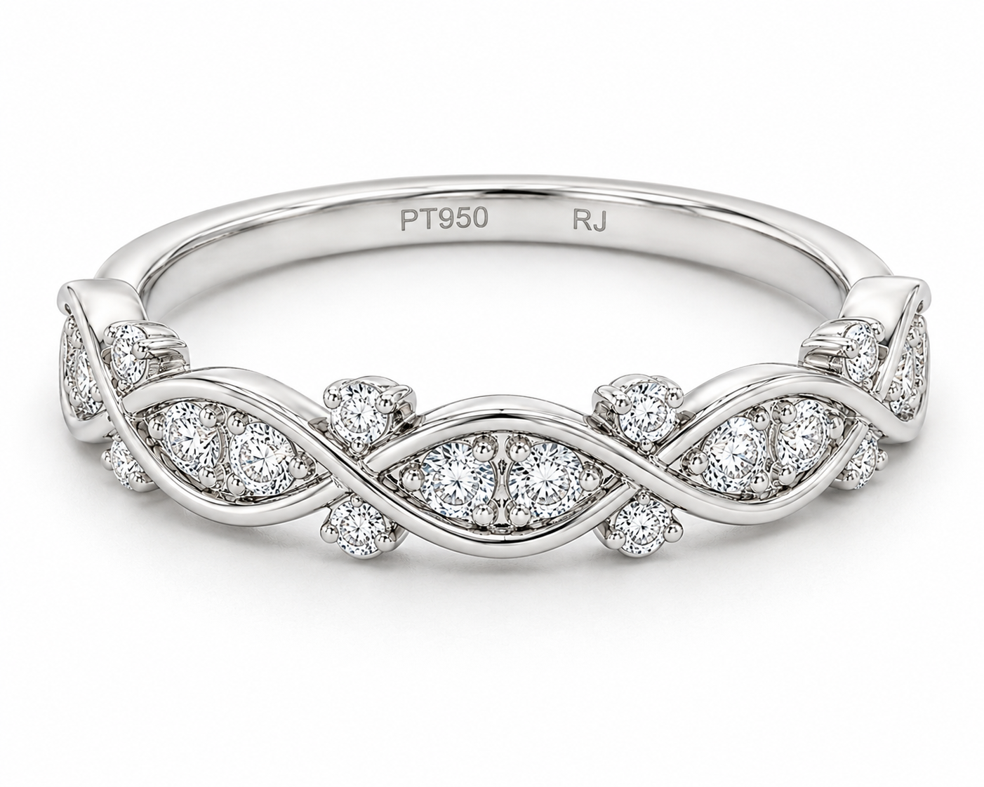 GBC Inc Platinum Diam Ring with infinity marquise design, round diamonds, and PT950 RJ engraved inside the band.