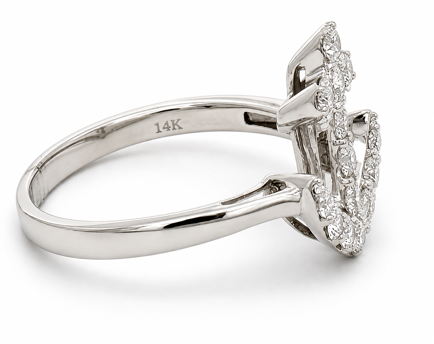 Heera Moti 14K White Gold Diamond Anchor Ring with halo setting, shown from a side angle on white.