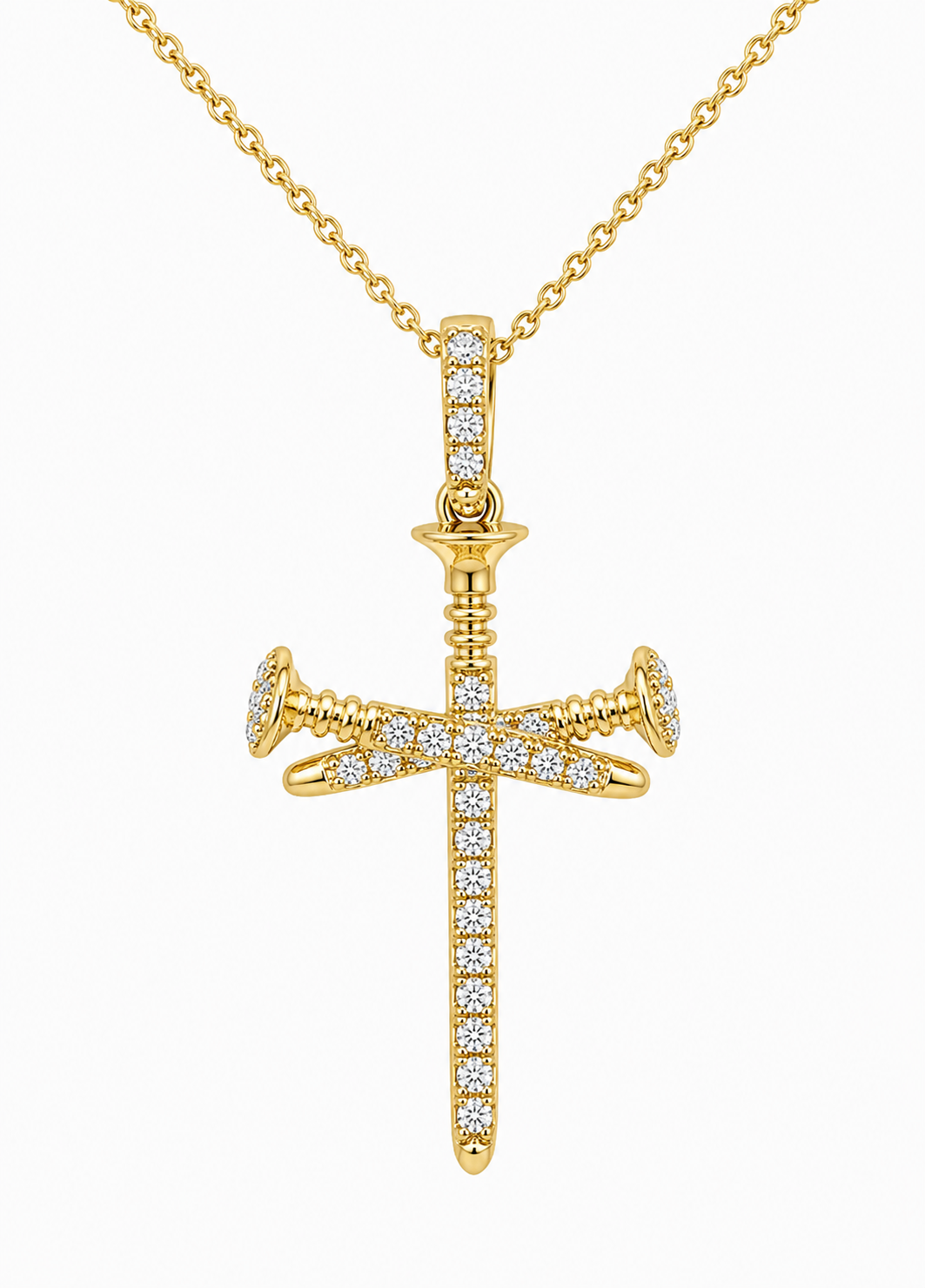 14K Yellow Gold Nail Cross Diamond Necklace.