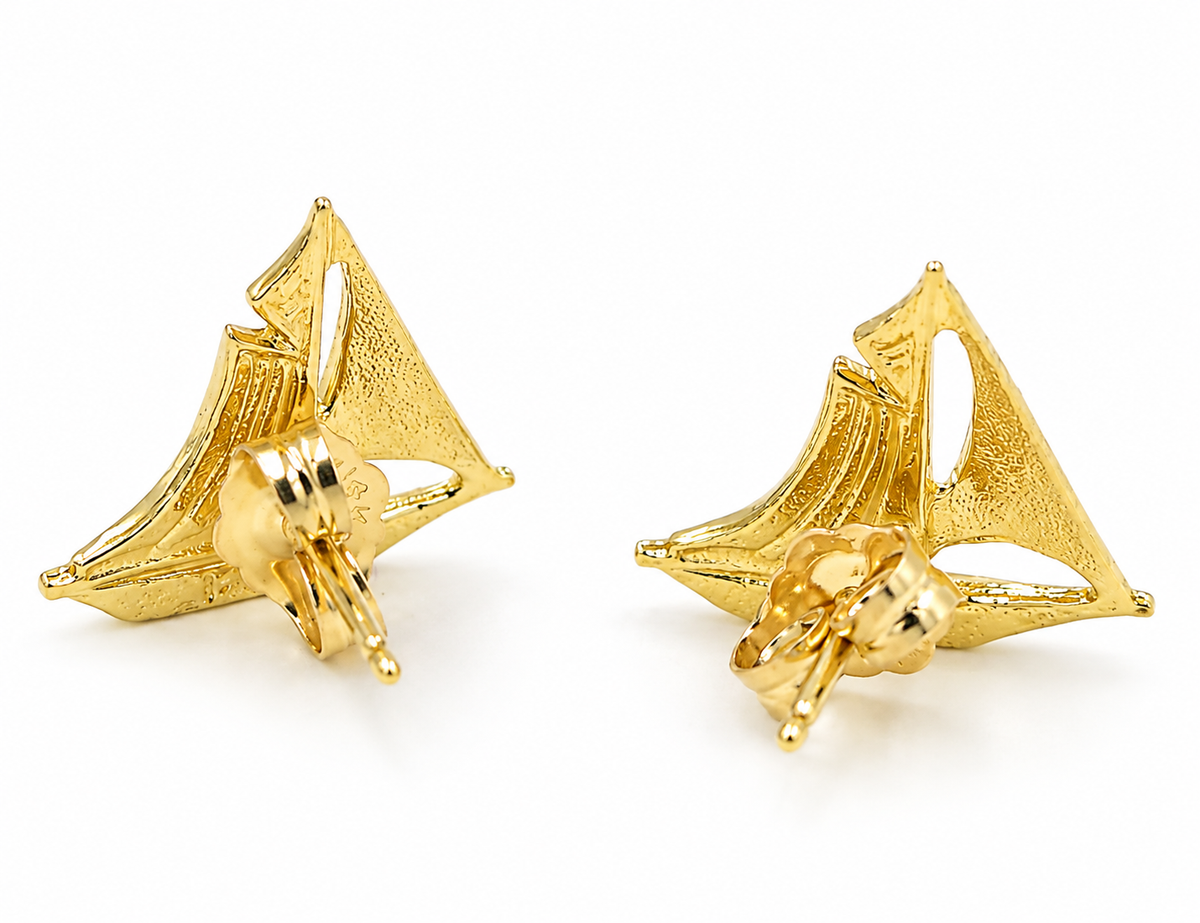 Back view of Estate 14k Yellow Gold Sailboat Beach Nautical Studs with post backs.