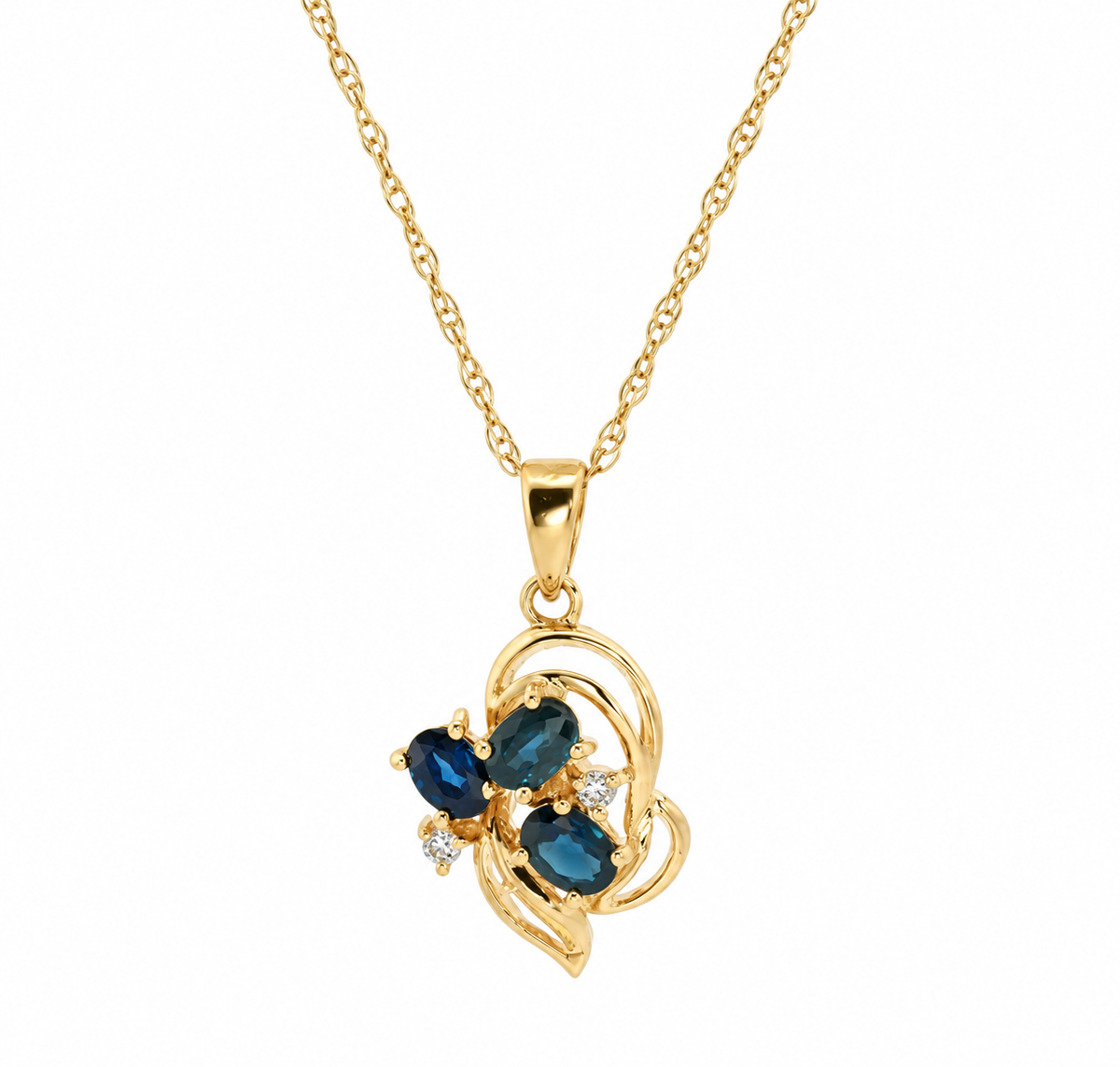 Estate 14K yellow gold spinel & diamond necklace by Kent Island Jewelry, featuring a modern, elegant swirl design.