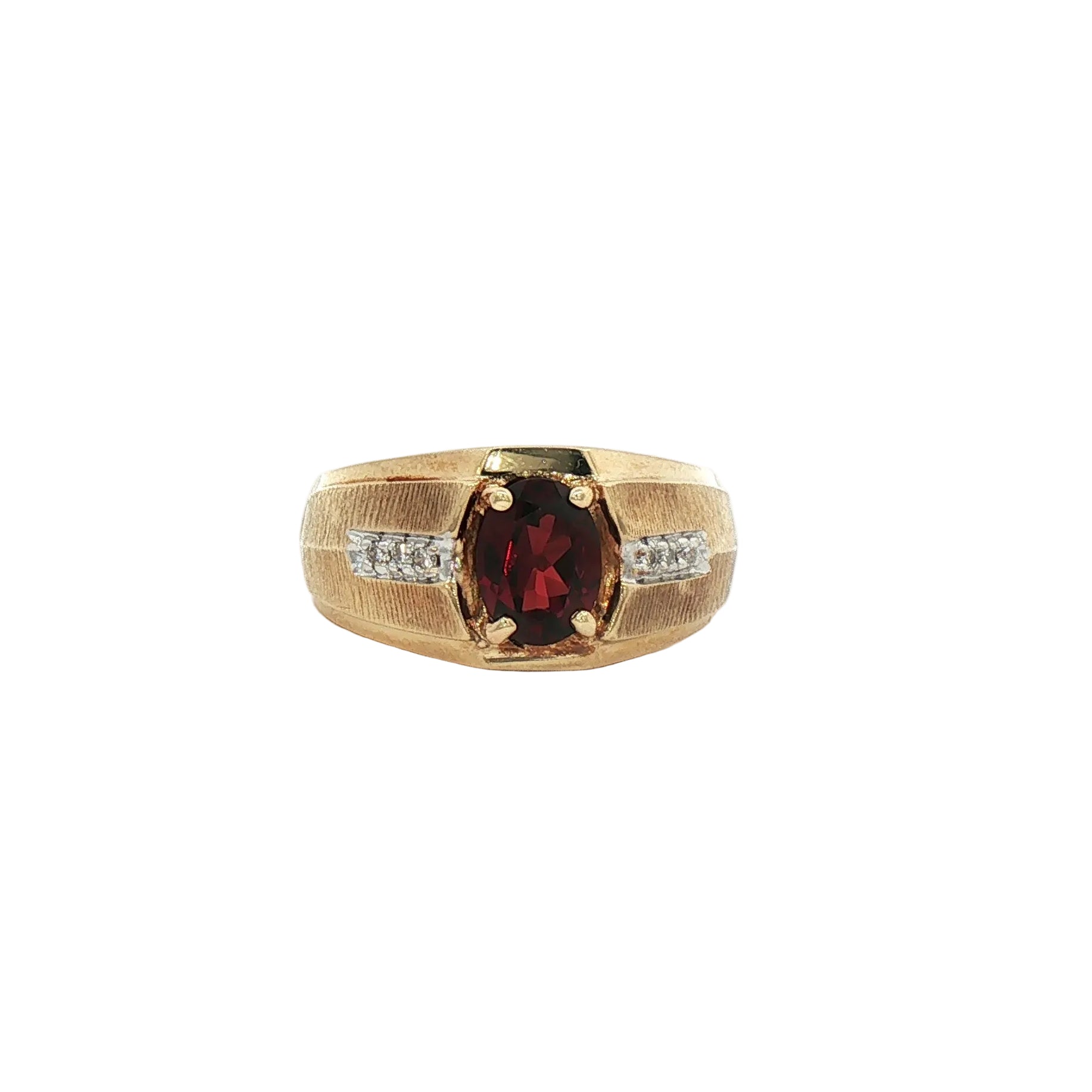 Kent Island Jewelry's Estate 14K yellow gold ring features Mozambique garnet and diamonds, shown on a white background.
