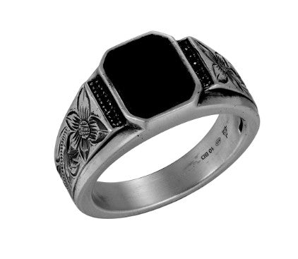 Alamea SS 925 Onyx Ring with engraved floral sides and black rectangular stone, shown on a white background.