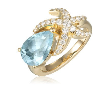 Alamea 14K Aquamarine Diamond Starfish Ring features a teardrop aquamarine and sparkling diamond accents.