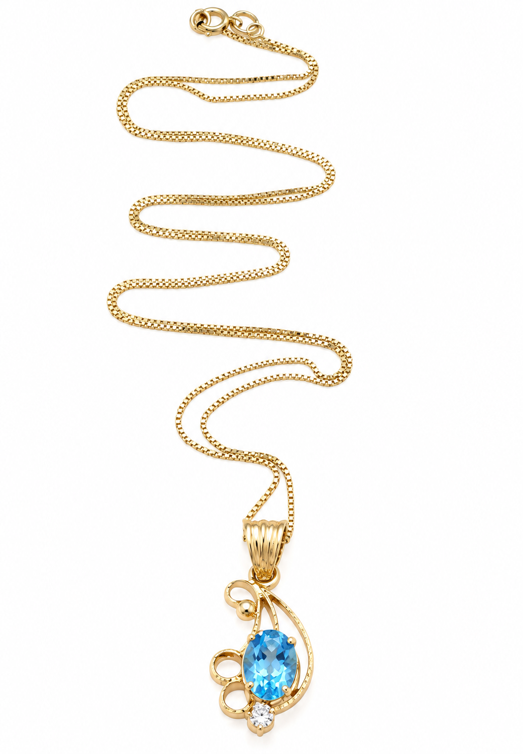 Kent Island Jewelry Estate 14k Yellow Gold CZ & Topaz Gemstone Box Chain Necklace with an oval blue topaz and clear stone.