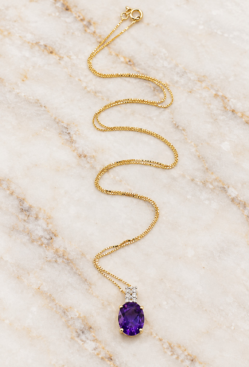 Estate 14k Yellow Gold Diamond & Amethyst Gemstone Box Chain Link Necklace with an oval purple stone below small diamonds.