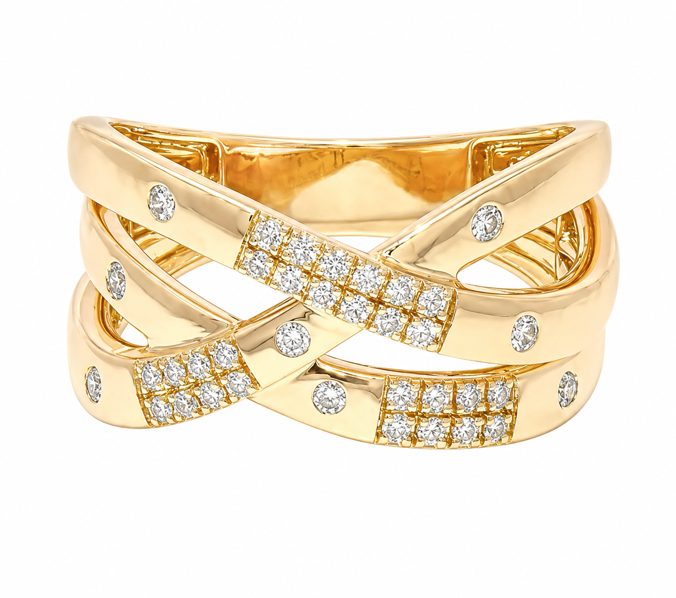Roman & Jules 14K YG 36RDB .25ctw ring with overlapping bands, set with rows and scattered round white diamonds.