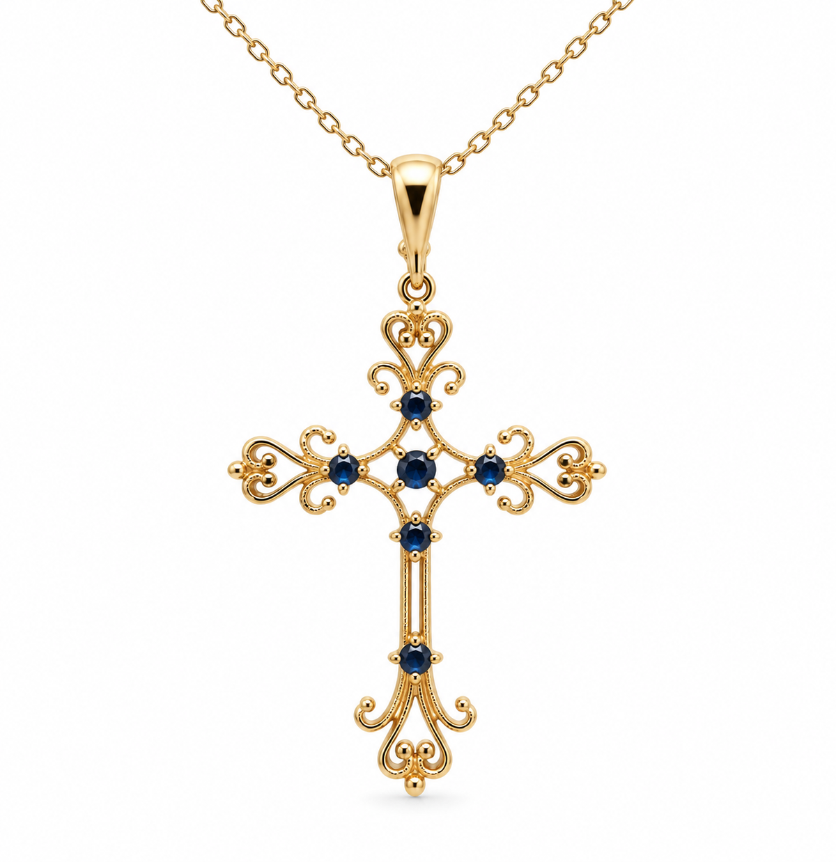 Estate 14K YG Sapphire Cross Necklace by Kent Island Jewelry, shown on fine chain with intricate filigree.