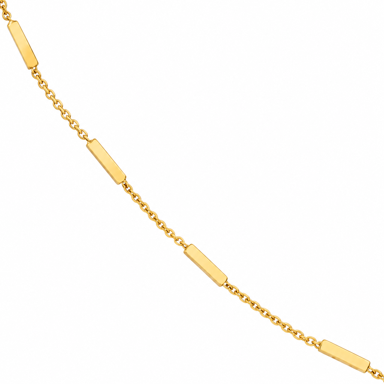 Midas 14K Yellow Gold Bar Station Cable Chain—minimalist necklace with bar chain details on a white background.