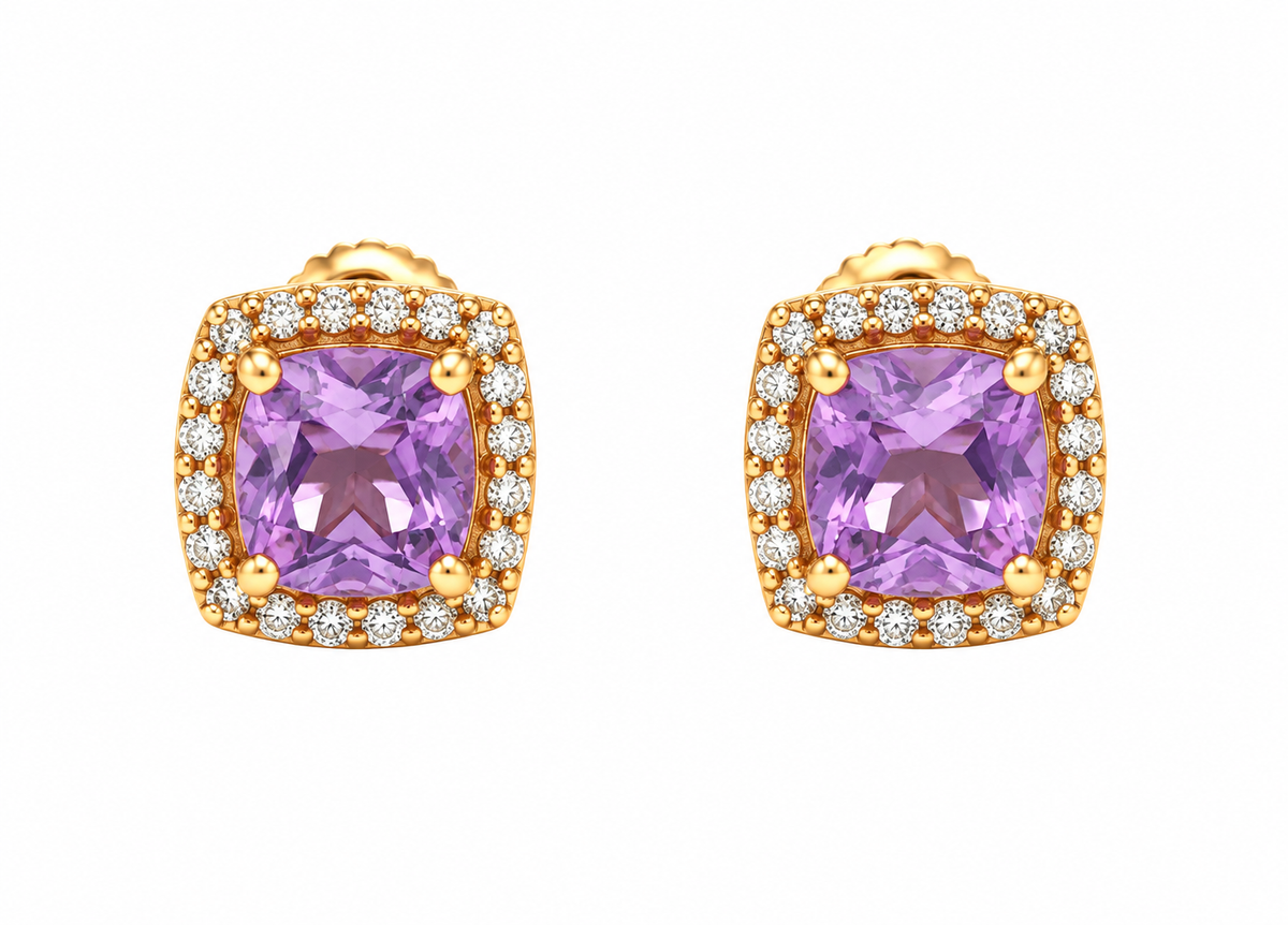 Kent Island Jewelry Estate 10K yellow gold cushion-cut amethyst halo stud earrings on a white background.