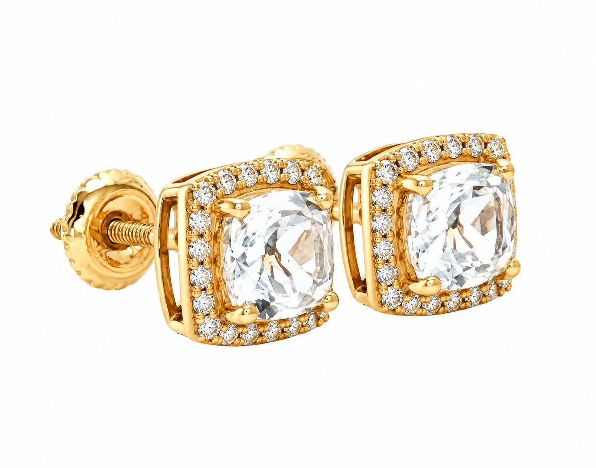 Kent Island Jewelry Estate 10K gold cushion-cut white topaz halo stud earrings on a white background.