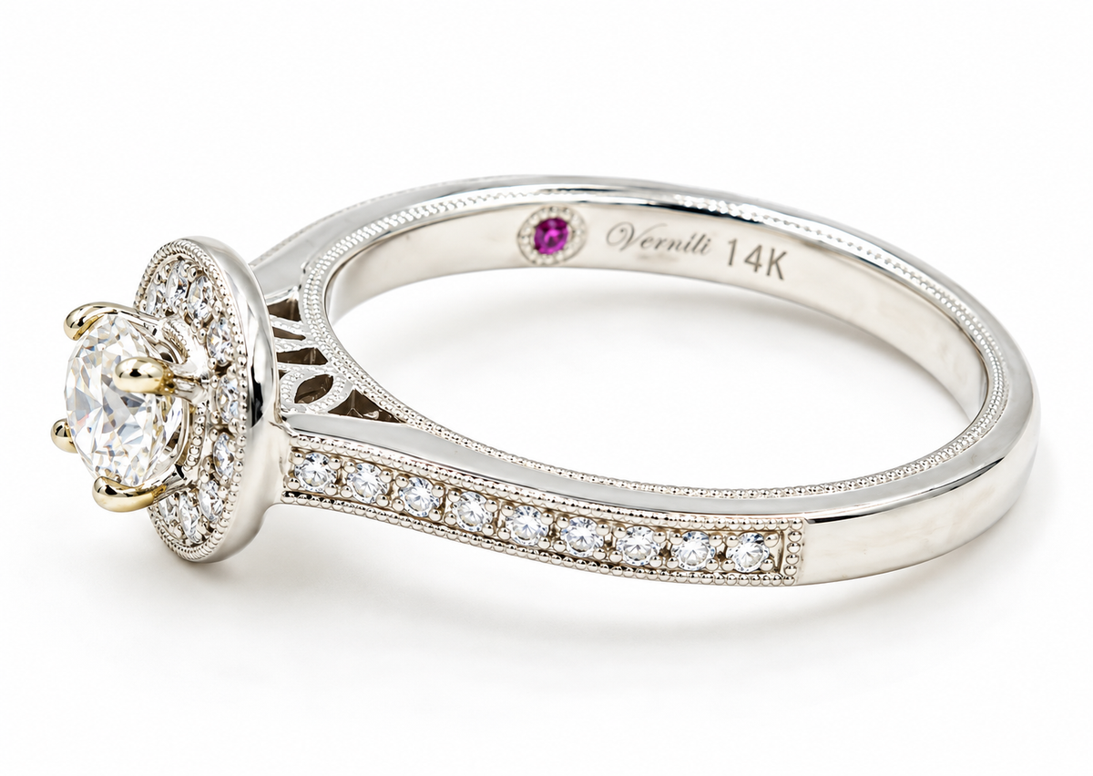 Estate 14k White Gold Designer Venetti Diamond Halo ring with a small pink accent stone and engraving on the inner band.