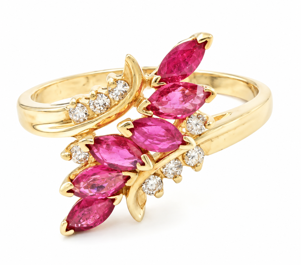 Estate 14k YG Diamond (.08 tcw) & Ruby Ring by Kent Island Jewelry with vintage-inspired leaf design.