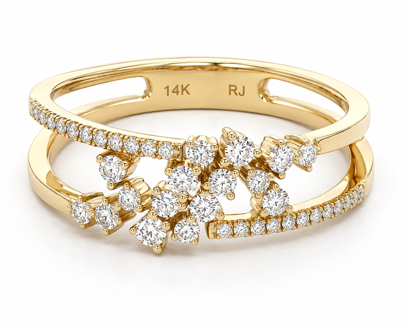 Roman & Jules 14K Yellow Gold Diamond Split Ring features crossing split bands in a floral pattern, marked 14K RJ.