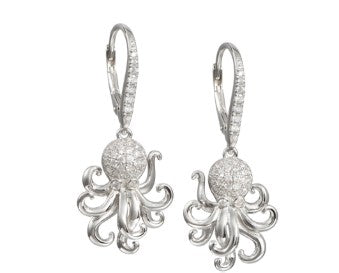 Alamea SS 925 Octopus Earrings feature sparkling, textured heads and curled tentacles on clasped hooks.