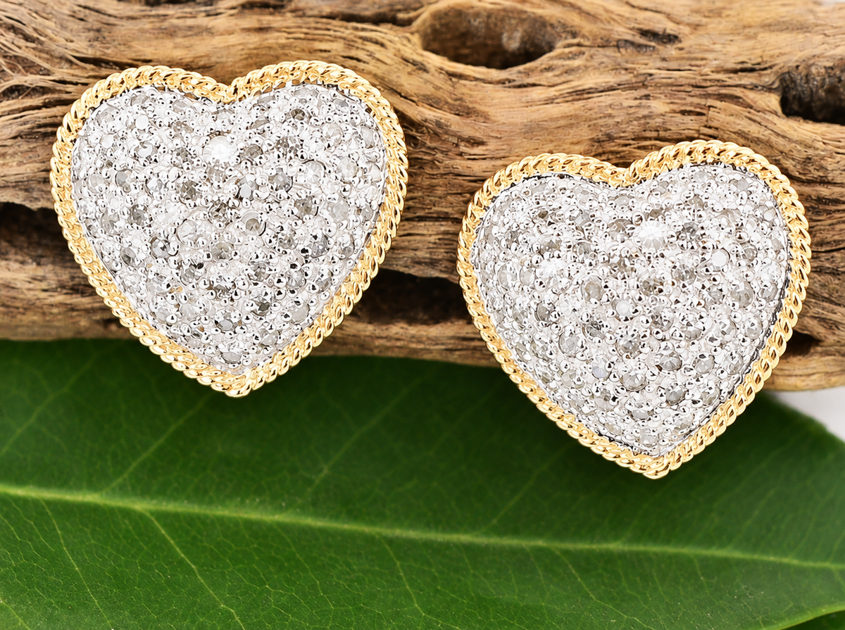 Kent Island Jewelry Estate Yellow & White Gold Diamond Love/Heart earrings with pavé centers and twisted gold borders.