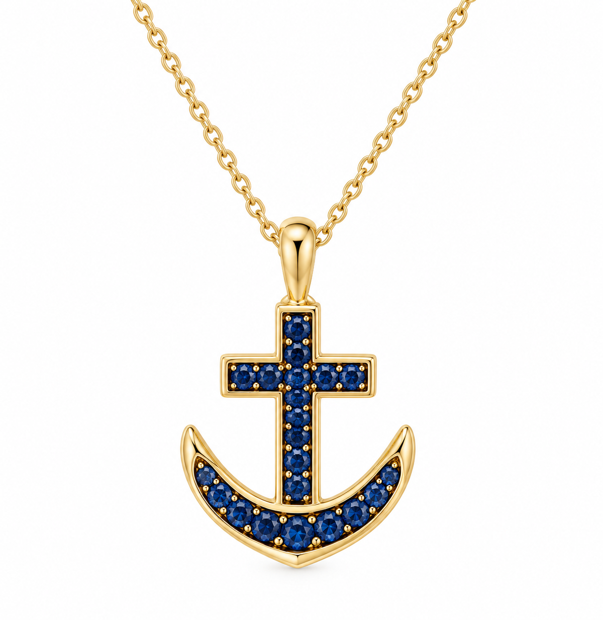 Alamea 14K YG Sapphire Anchor Pendant necklace with blue gemstones, shown on a white background.