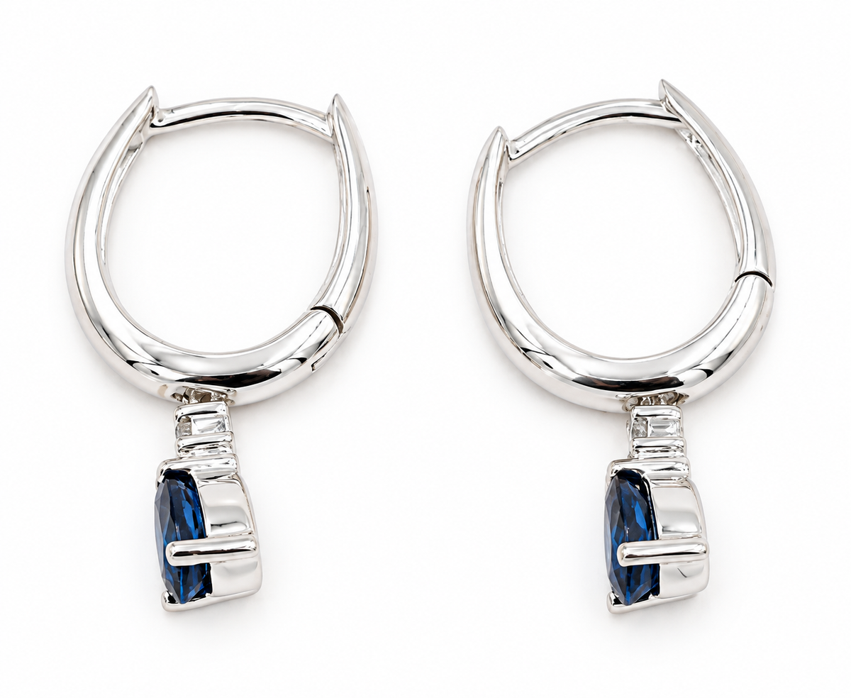 Kent Island Jewelry Estate 14k White Gold Diamond & Sapphire Gemstone Hoops, each with a diamond and a blue sapphire drop.