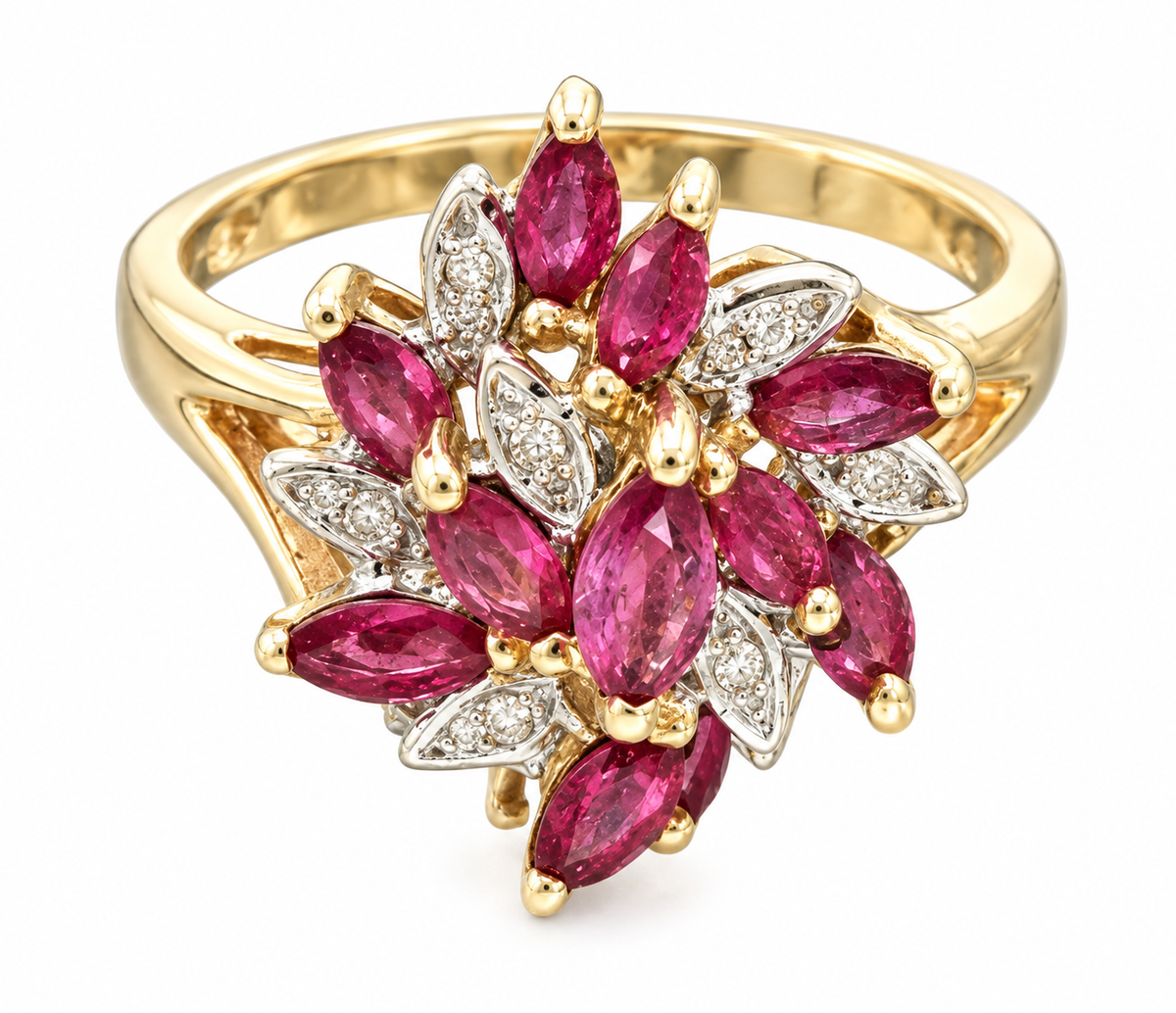 Estate 10k yellow gold ruby & diamond (.04tcw) cocktail ring by Kent Island Jewelry, floral cluster design.