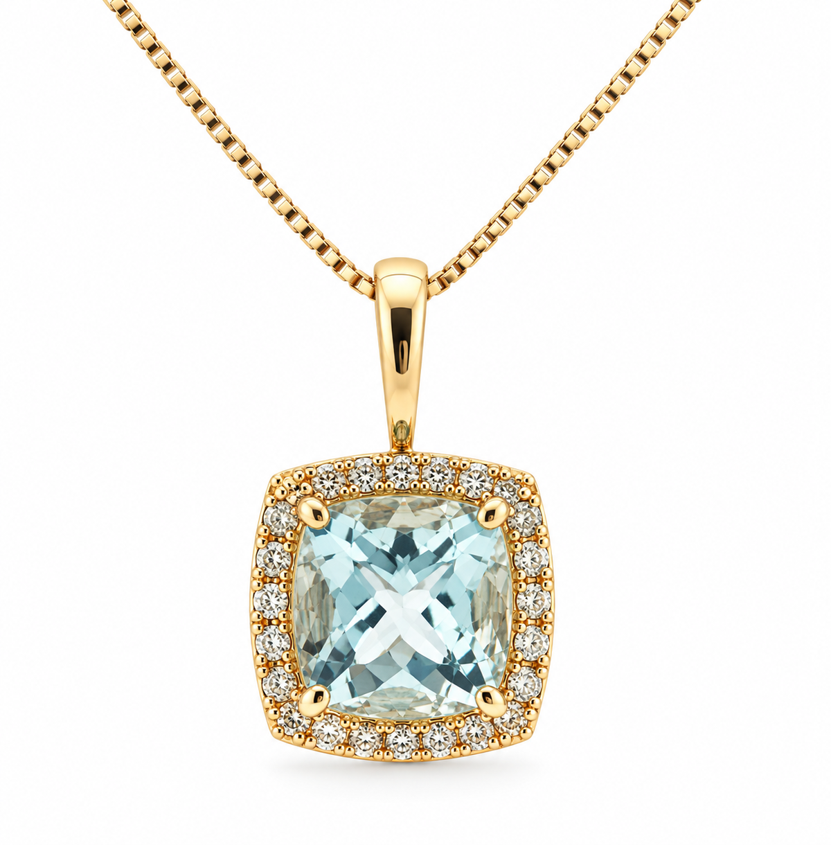 Kent Island Jewelry Estate 10K YG Aquamarine and Diamond Halo Necklace with square blue stone on a box chain.