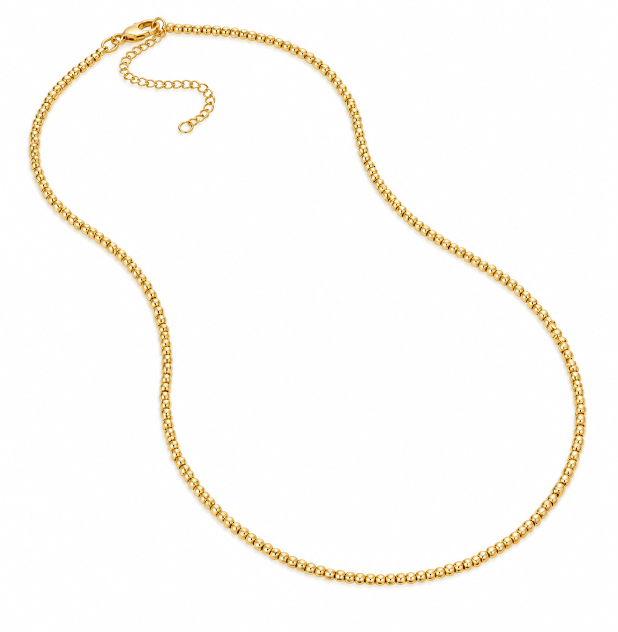 Midas 14K yellow gold textured shimmering bead chain with lobster clasp and extender, in an S shape on white.